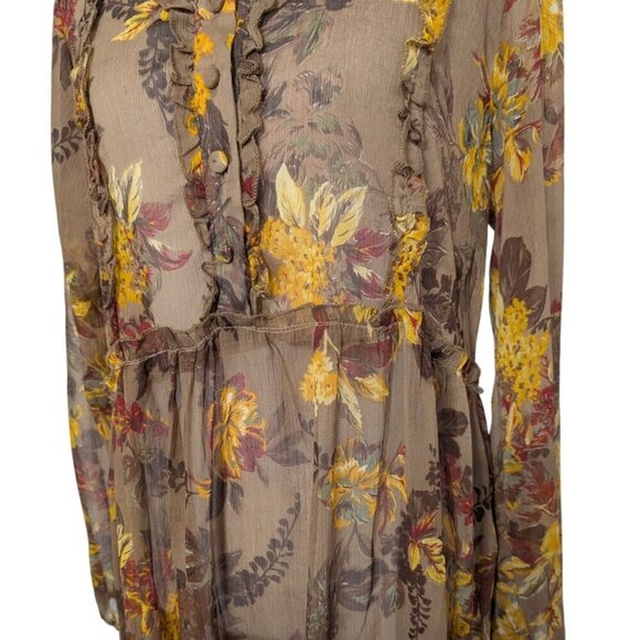Laura Ashley Floral Sheer Midi Dress Womens Size Large Brown Ruffle Tiered - Picture 3 of 8